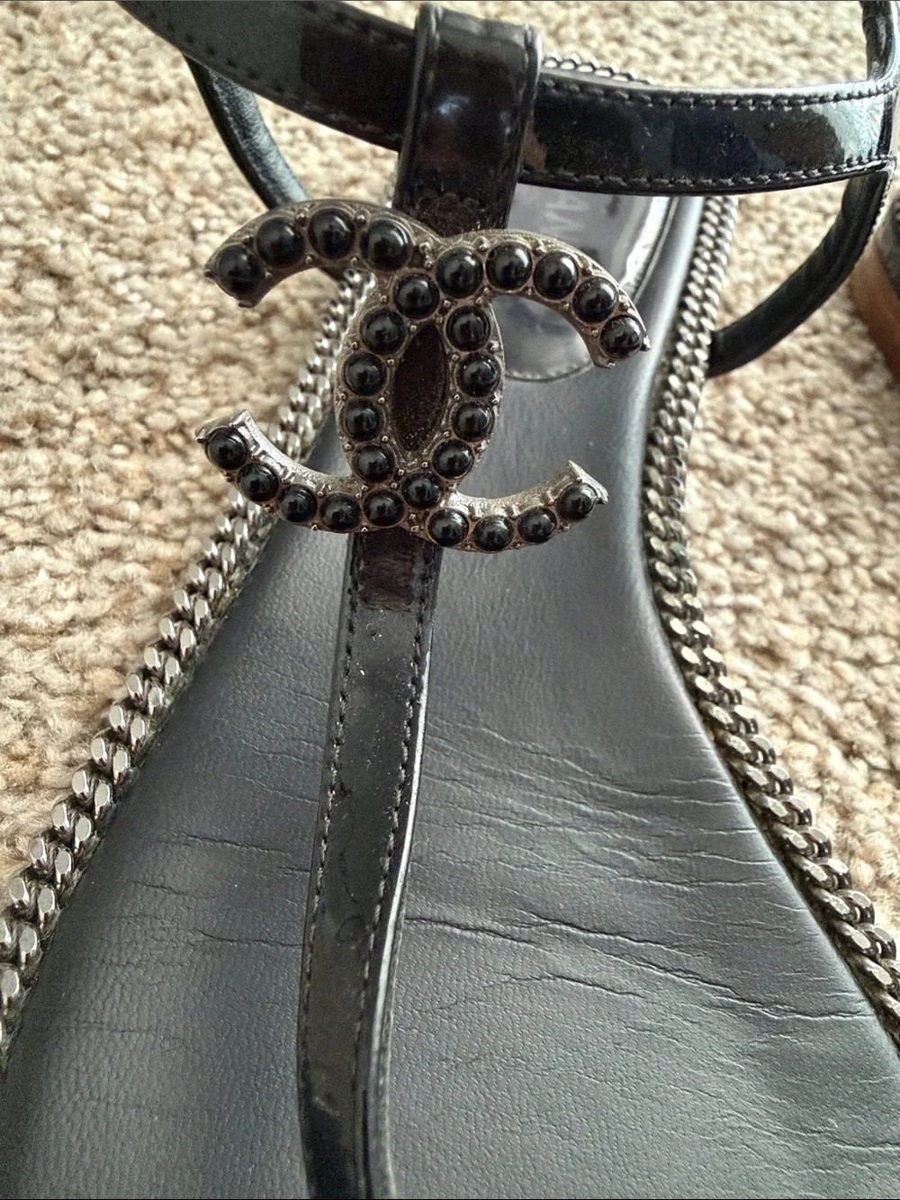 CHANEL Black Patent Leather CC Chain Trim Thong Sandals